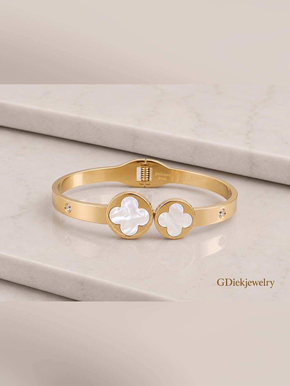 Stainless Steel Bangle with White Mother-of-Pearl Clover